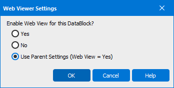 Dialog: Enable Web View for this DataBlock? Yes/No/Use Parent Settings (Web View = Yes)